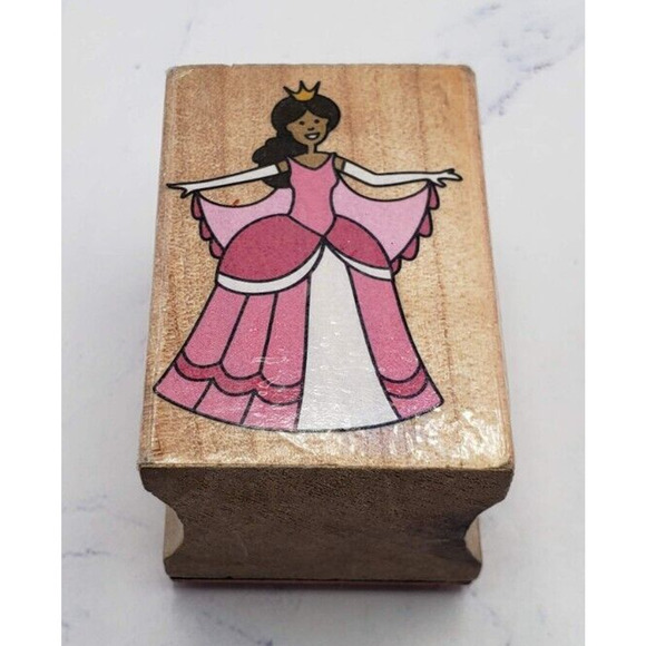 Princess Queen in Ball Gown with Crown Tiara Wood Mounted Rubber Stamp - Picture 1 of 7